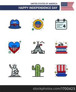 4th July USA Happy Independence Day Icon Symbols Group of 9 Modern Flat Filled Lines of camp; tent free; day; usa; heart Editable USA Day Vector Design Elements