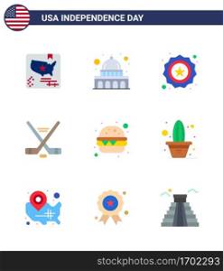 4th July USA Happy Independence Day Icon Symbols Group of 9 Modern Flats of fast food  american  american  sport  hokey Editable USA Day Vector Design Elements