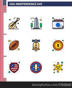 4th July USA Happy Independence Day Icon Symbols Group of 9 Modern Flat Filled Lines of ball; sports; washington; rugby; day Editable USA Day Vector Design Elements