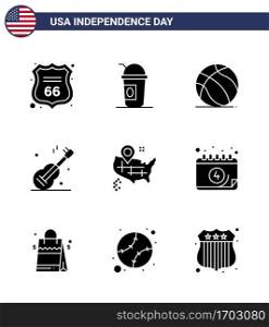 4th July USA Happy Independence Day Icon Symbols Group of 9 Modern Solid Glyphs of map  american  football  usa  guiter Editable USA Day Vector Design Elements