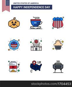 4th July USA Happy Independence Day Icon Symbols Group of 9 Modern Flat Filled Lines of cake; station; usa police; police; badge Editable USA Day Vector Design Elements