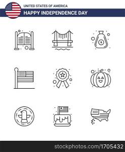 4th July USA Happy Independence Day Icon Symbols Group of 9 Modern Lines of badge; united; cityscape; states; cash Editable USA Day Vector Design Elements