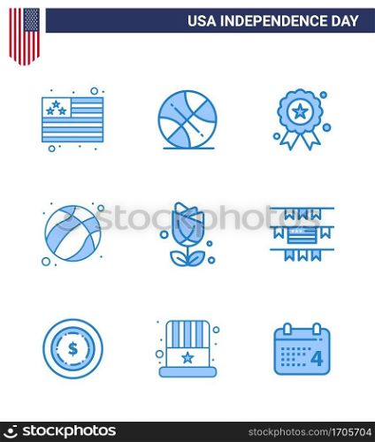 4th July USA Happy Independence Day Icon Symbols Group of 9 Modern Blues of usa; flower; independece; usa; ball Editable USA Day Vector Design Elements