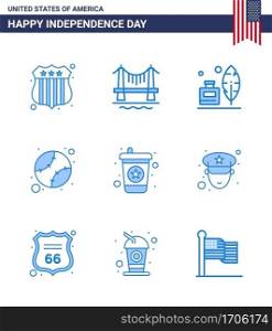 4th July USA Happy Independence Day Icon Symbols Group of 9 Modern Blues of soda  beverage  feather  united  baseball Editable USA Day Vector Design Elements