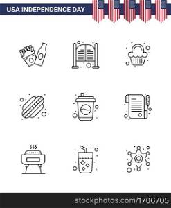 4th July USA Happy Independence Day Icon Symbols Group of 9 Modern Lines of drink  bottle  cake  states  american Editable USA Day Vector Design Elements