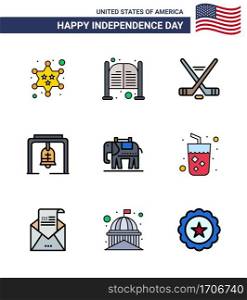 4th July USA Happy Independence Day Icon Symbols Group of 9 Modern Flat Filled Lines of elephent  christmas bell  entrance  bell  american Editable USA Day Vector Design Elements