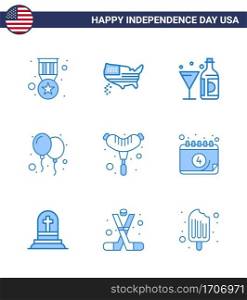 4th July USA Happy Independence Day Icon Symbols Group of 9 Modern Blues of food  day  drink  celebrate  glass Editable USA Day Vector Design Elements