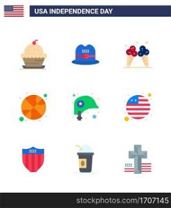 4th July USA Happy Independence Day Icon Symbols Group of 9 Modern Flats of helmet; day; icecream; sports; basketball Editable USA Day Vector Design Elements