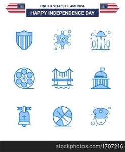 4th July USA Happy Independence Day Icon Symbols Group of 9 Modern Blues of building  american  building  video  movis Editable USA Day Vector Design Elements
