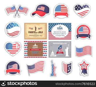 4th of July american elements, flag of USA vector, attributes of United States of America caps and batters, isolated set of stickers for independence day at fourth of July, Statue of Liberty and heart. Flag and Caps USA Old Glory Stickers Set Vector
