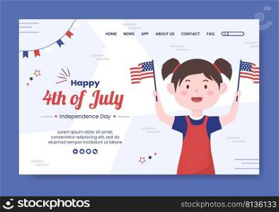 4th of July Happy Independence Day USA Landing Page Social Media Template Vector Cartoon Illustration