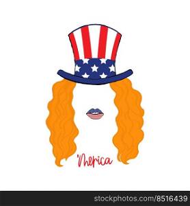  4th of july independence day in america print for t-shirt womens. Girl with red hair and a hat with an American flag