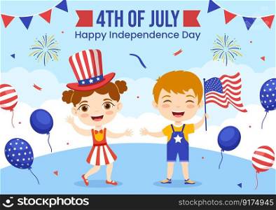 4th of July Independence Day USA Vector Illustration with Kids and American Flag Background in Flat Cartoon Hand Drawn Landing Page Templates