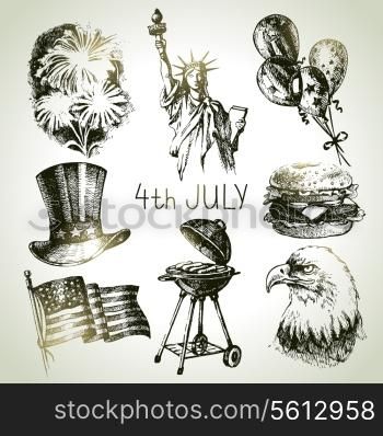 4th of July set. Hand drawn illustrations of Independence Day of America