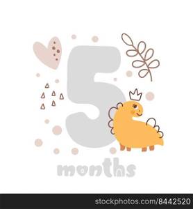 5 five months anniversary card. Baby shower print with cute animal dino and flowers capturing all special moments. Baby milestone card for newborn girl.. 5 five months anniversary card. Baby shower print with cute animal dino and flowers capturing all special moments. Baby milestone card for newborn girl