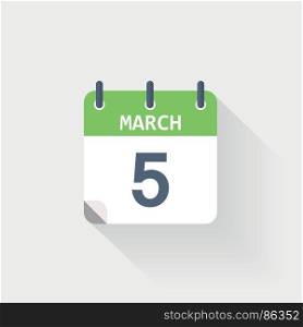 5 march calendar icon on. 5 march calendar icon on grey background