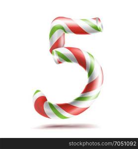 5, Number Five Vector. 3D Number Sign. Figure 5 In Christmas Colours. Red, White, Green Striped. Classic Xmas Mint Hard Candy Cane. New Year Design. Isolated On White Illustration. 5, Number Five Vector. 3D Number Sign. Figure 5 In Christmas Colours. Red, White, Green Striped. Classic Xmas Mint Hard Candy Cane. New Year Design. Isolated