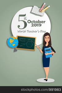 5 October World Teacher's day- teacher with pointer and globe board pencils and book -Vector Illustration