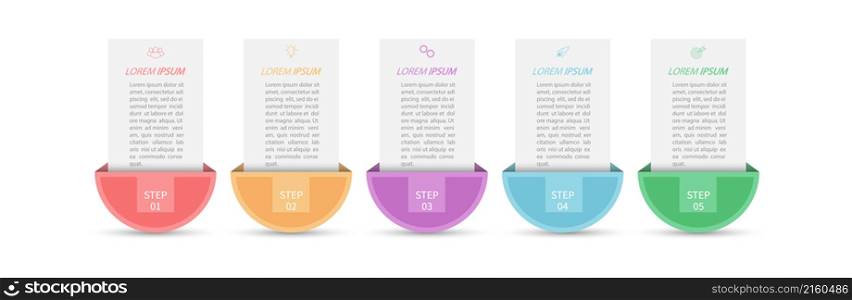 5 stages of development, improvement or training. Infographics with visual action icons for business, finance, project, plan or marketing. Flat vector style