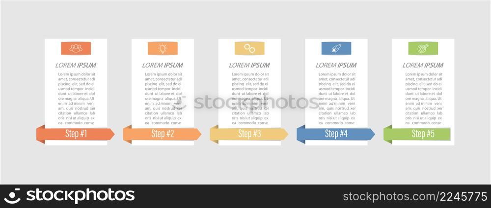 5 stages of development, improvement or training. Infographics with visual action icons for business, finance, project, plan or marketing. Flat vector style