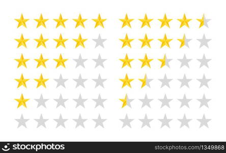 5 star rate icons. Five rating stars on white background. Customer review or feedback. 5 row. Gold yellow star ranking. Button for service, success, classification, evaluation, mark quality. Vector.. 5 star rate icons. Five rating stars on white background. Customer review or feedback. 5 row. Gold yellow star ranking. Button for service, success, classification, evaluation, mark quality. Vector