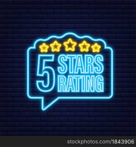 5 star rating. Badge with icons on white background. Neon icon. Vector illustration. 5 star rating. Badge with icons on white background. Neon icon. Vector illustration.