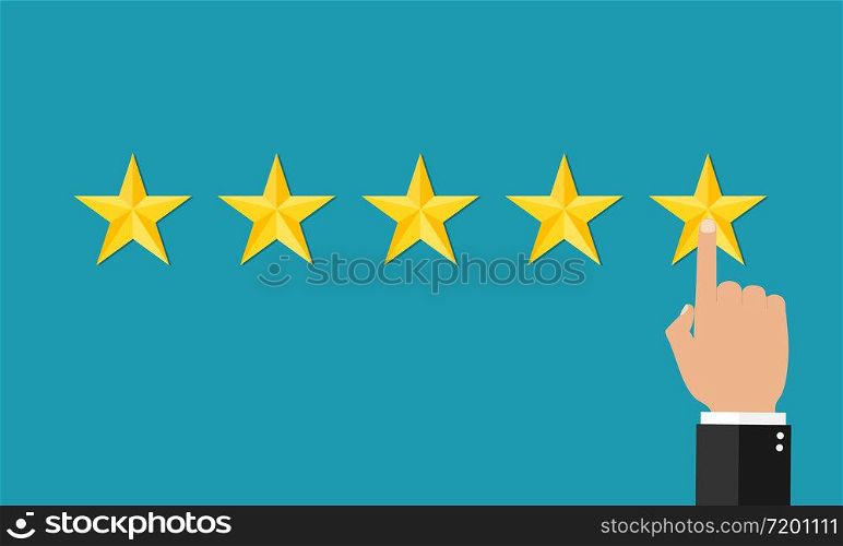 5 stars of customer and management. Result of performance. Star rate. Finger of customer in 5-th star rate. Feedback of quality. Reputation icon. Good survey. Ranking marketing and business. Vector.. 5 stars of customer and management. Result of performance. Star rate. Finger of customer in 5-th star rate. Feedback of quality. Reputation icon. Good survey. Ranking marketing and business. Vector