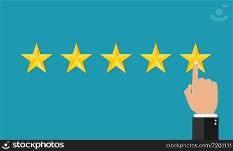 5 stars of customer and management. Result of performance. Star rate. Finger of customer in 5-th star rate. Feedback of quality. Reputation icon. Good survey. Ranking marketing and business. Vector.. 5 stars of customer and management. Result of performance. Star rate. Finger of customer in 5-th star rate. Feedback of quality. Reputation icon. Good survey. Ranking marketing and business. Vector
