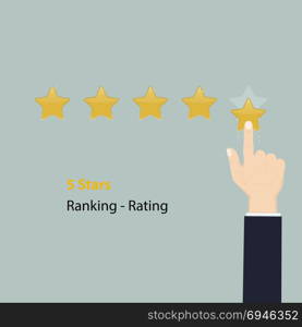 5 Stars rating or raking concept.Rating or raking golden stars.Finger pointing to five star rating.Customer review.Feedback,Reputation and quality certificate.Evaluation system.Positive review.Vector illustration