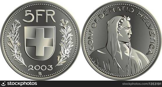 5 Swiss Francs silver coin, obverse alpine herdsman, reverse federal coat of arms, 5FR, branche of edelweiss and gentian, official coin in Switzerland. Swiss money 5 Francs silver coin obverse