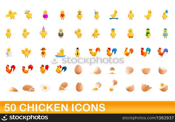 50 chicken icons set. Cartoon illustration of 50 chicken icons vector set isolated on white background. 50 chicken icons set, cartoon style
