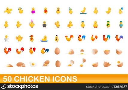 50 chicken icons set. Cartoon illustration of 50 chicken icons vector set isolated on white background. 50 chicken icons set, cartoon style