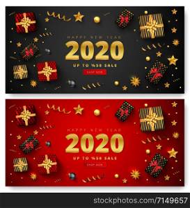 50% discount offer for 2020 happy new year sale lettering, Gift boxes, christmas balls, stars and golden confetti around on 2 different color background.