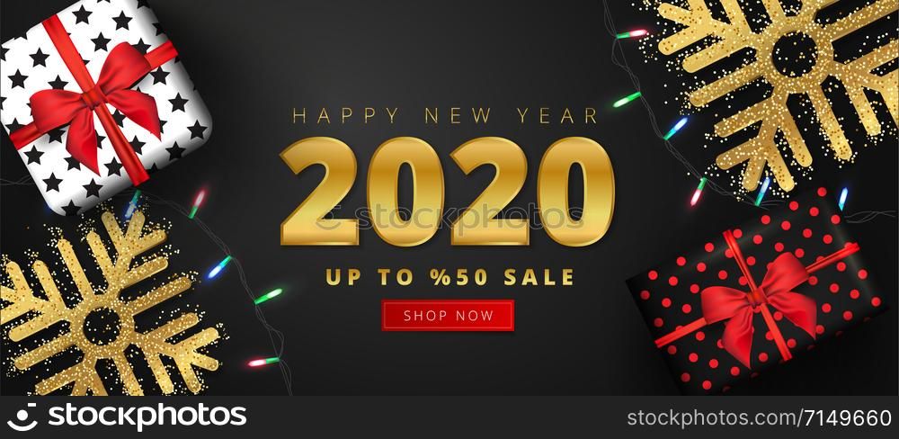 50% discount offer for 2020 happy new year sale lettering, Gift boxes, gold snowflakes and sparkling light garlands around on black background. Can be used as poster, banner or template design.
