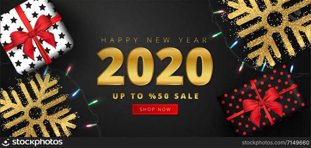 50% discount offer for 2020 happy new year sale lettering, Gift boxes, gold snowflakes and sparkling light garlands around on black background. Can be used as poster, banner or template design.
