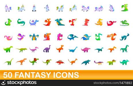 50 fantasy icons set. Cartoon illustration of 50 fantasy icons vector set isolated on white background. 50 fantasy icons set, cartoon style