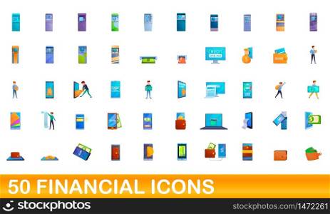 50 financial icons set. Cartoon illustration of 50 financial icons vector set isolated on white background. 50 financial icons set, cartoon style