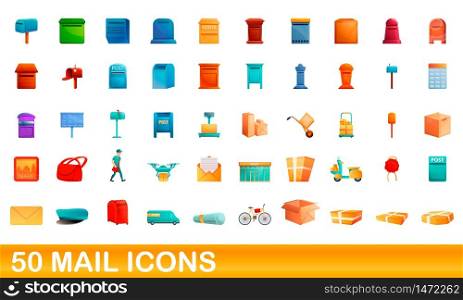 50 mail icons set. Cartoon illustration of 50 mail icons vector set isolated on white background. 50 mail icons set, cartoon style