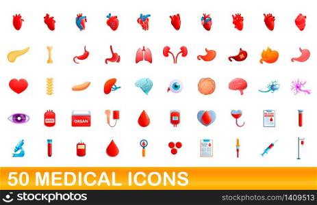 50 medical icons set. Cartoon illustration of 50 medical icons vector set isolated on white background. 50 medical icons set, cartoon style