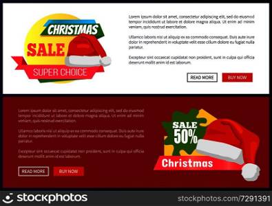 50 % off Christmas sale web banners with push buttons, Santa Claus hat and discount labels vector illustration advertisement posters with text. 50 % off Christmas Sale Web Banners Push Buttons