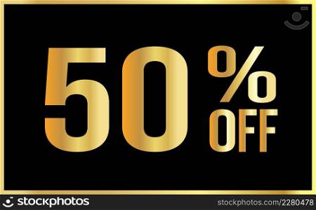 50% off. Golden numbers with black background. Luxury banner for shopping, print, web, sale 3d illustration