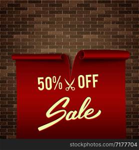 50% off, half price discount, red realistic ribbon, advertisement, big sale, vector illustration