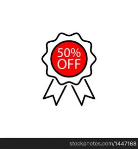 50% off. Outline vector red price icon. Best discount. Rosette award medal logo. Win prize place symbol.