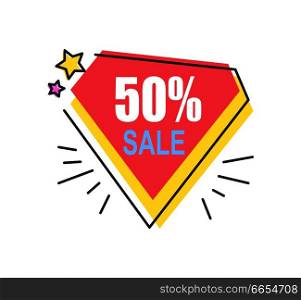 50   off price diamond sticker abstract badge, discount offer vector illustration in red and yellow colors, advert label with text isolated on white. 50 Off Price Diamond Sticker Abstract Discount