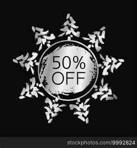 50 off template poster in circle with silver Christmas Tree round. Vector winter plant silhouette with offer. Vector illustration