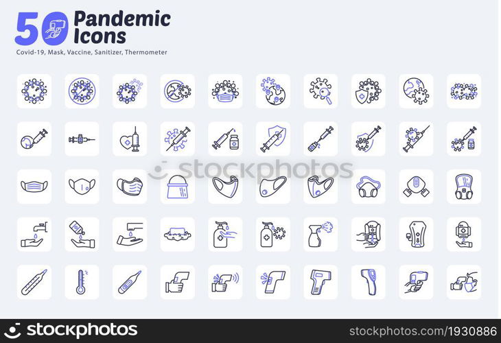 50 Pandemic Icons Pack, Covid 19, Mask, Sanitizer, Vaccine, Thermometer
