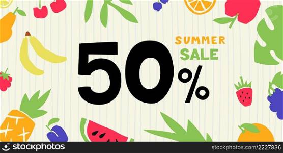 50 percent. Colorful cutouts fruits and berries. Summer sale. Shape colored cardboard or paper.