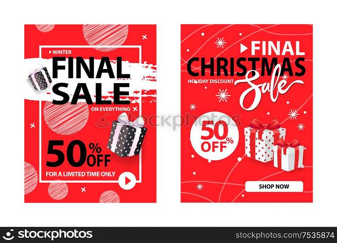 50 percent off, half price discount poster, clearance cover design vector on red backdrop. Christmas final sale holiday discount with wrapped gift boxes. Christmas Final Sale Holiday Discount Wrapped Gift