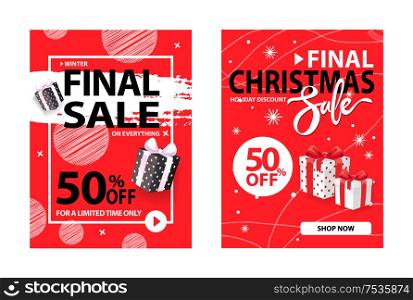 50 percent off, half price discount poster, clearance cover design vector on red backdrop. Christmas final sale holiday discount with wrapped gift boxes. Christmas Final Sale Holiday Discount Wrapped Gift