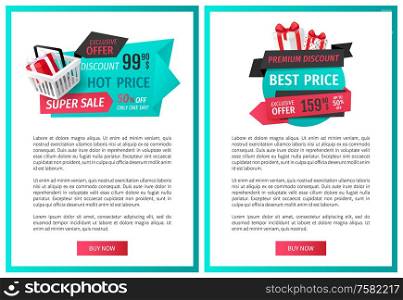 50 percent reduced cost, present with bow. Good bargain, special shop deal. Mega sale, limited time only isolated present label web page template vector.. 50 Percent Reduced Cost, Present with Bow Sale Tag